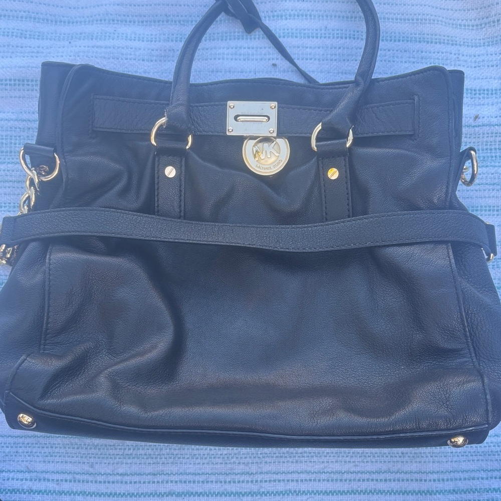 Michael Kors Hamilton Black Leather Tote with Gold-Tone Accents